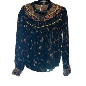 Free People Black Floral Blouse with Yellow Accents